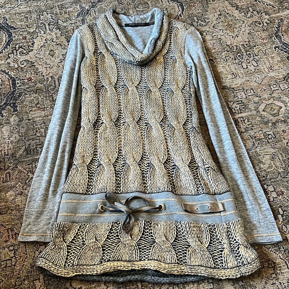 Beate Heymann Street Couture Floral Pullover Sweater Size 4 Cowl Neck Gray Gold